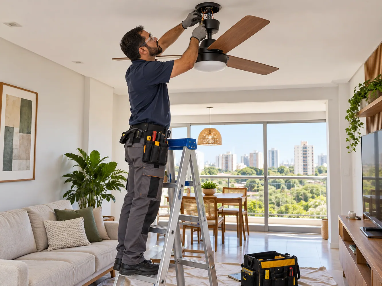 Eletricista instalando um ventilador de teto em uma sala.