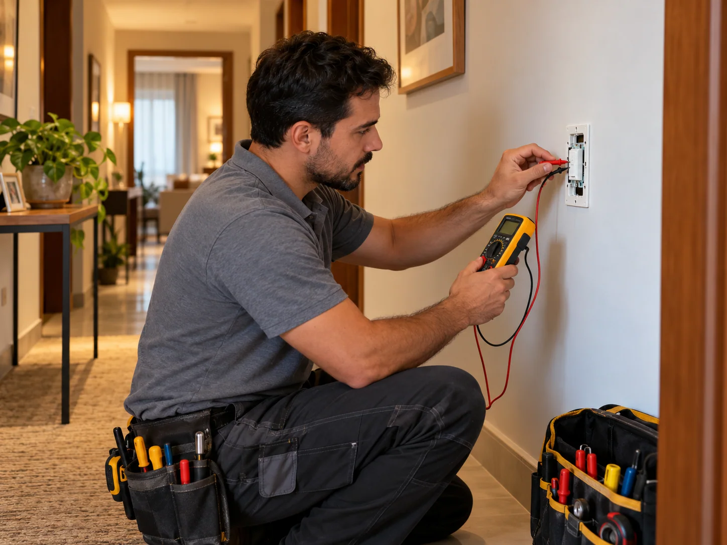 Eletricista verificando um interruptor em um corredor residencial.