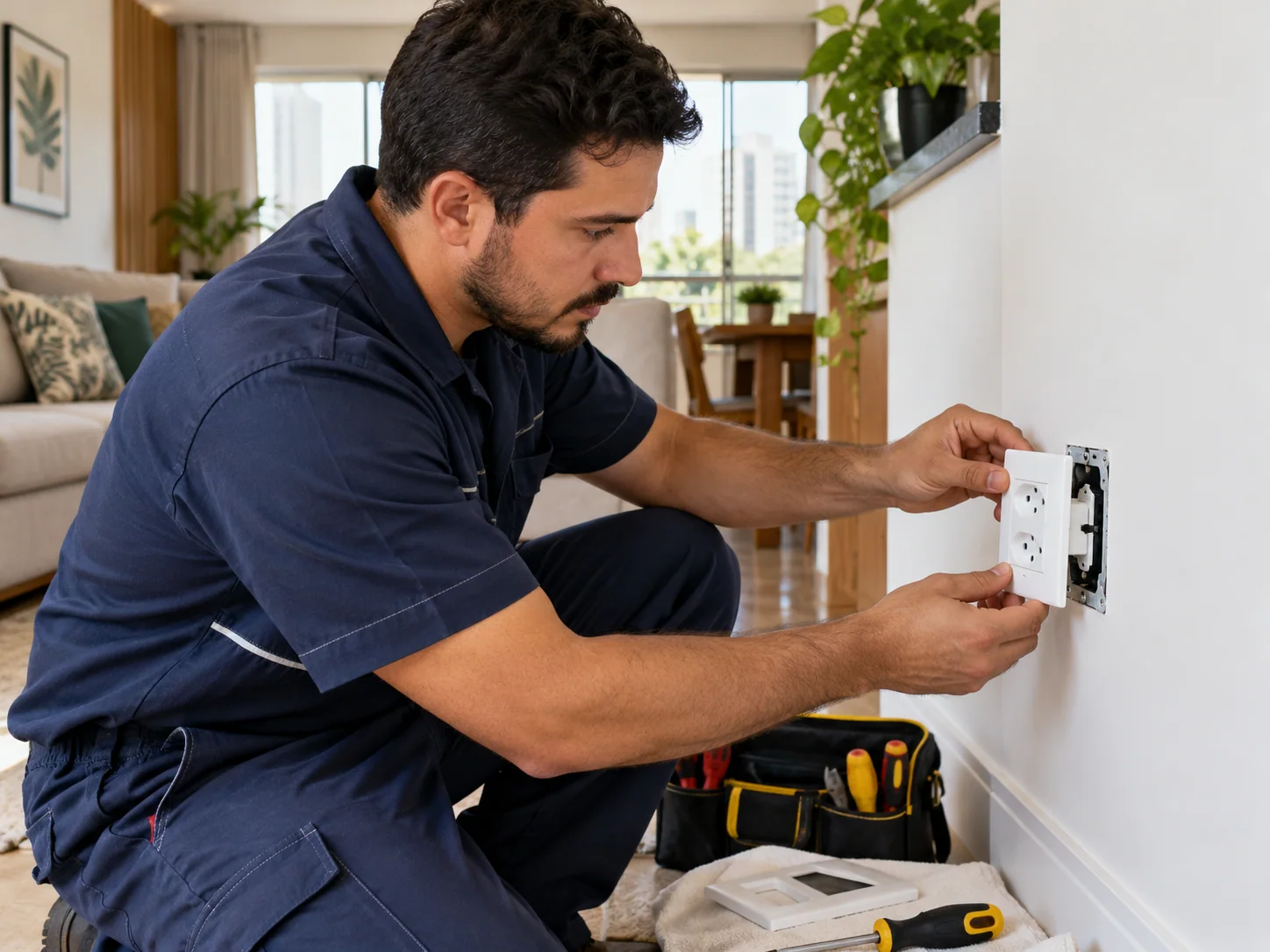 Eletricista substituindo uma tomada em uma residência.
